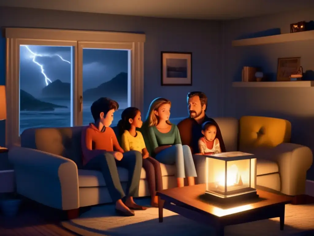 In the dimly lit living room, a family of four clings together on the couch, their eyes fixed on the television as a hurricane wreaks havoc outside