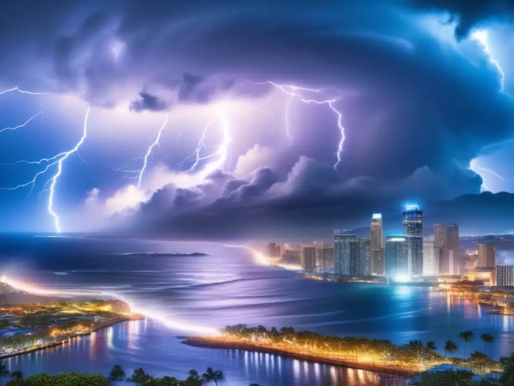 A harrowing image of a hurricane tearing through the sprawling coastal city, lightning bolts illuminating the storm's wrath, howling winds and raindrops echoing in the background