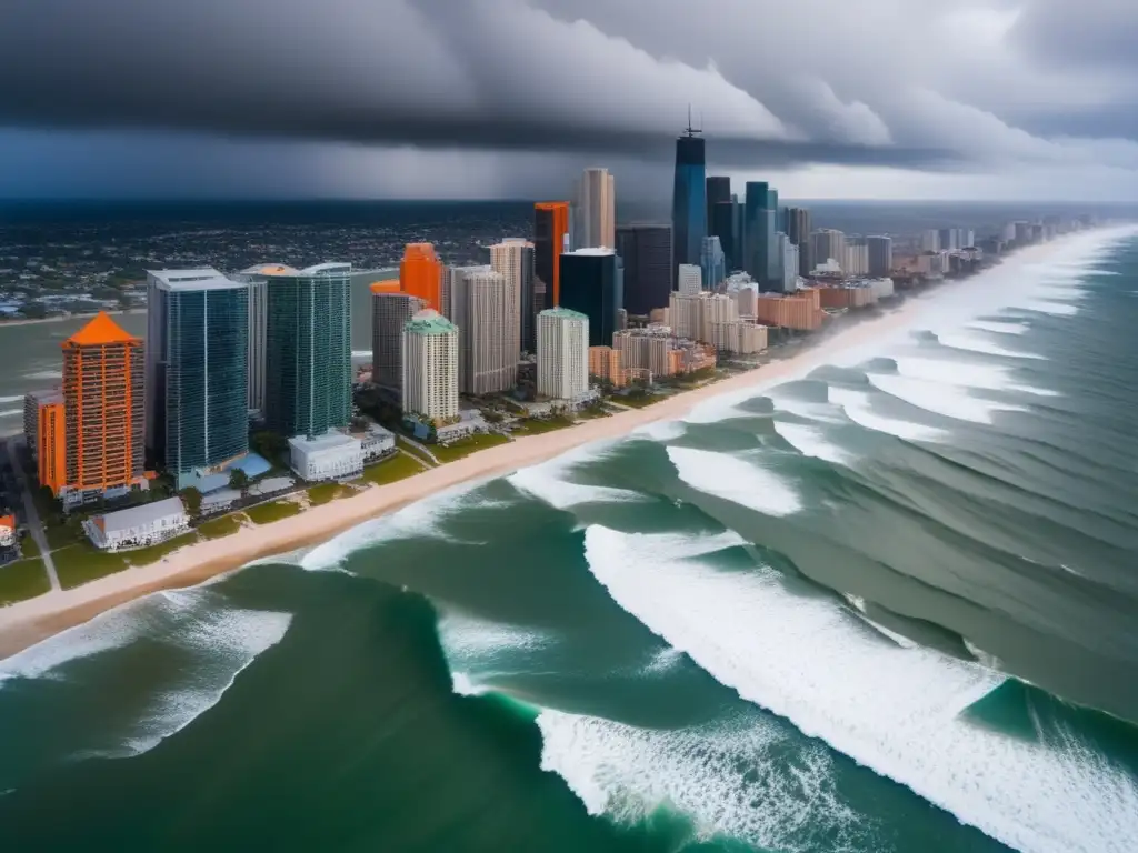 Disaster and triumph in one frame: A city weathering a hurricane, with strategic planning and green spaces, captured from a helicopter