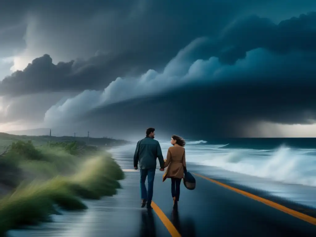 As the hurricane ravages the coast, a couple walks hand in hand on a desolate road, the stormy sky behind them and ocean waves crashing against the shore