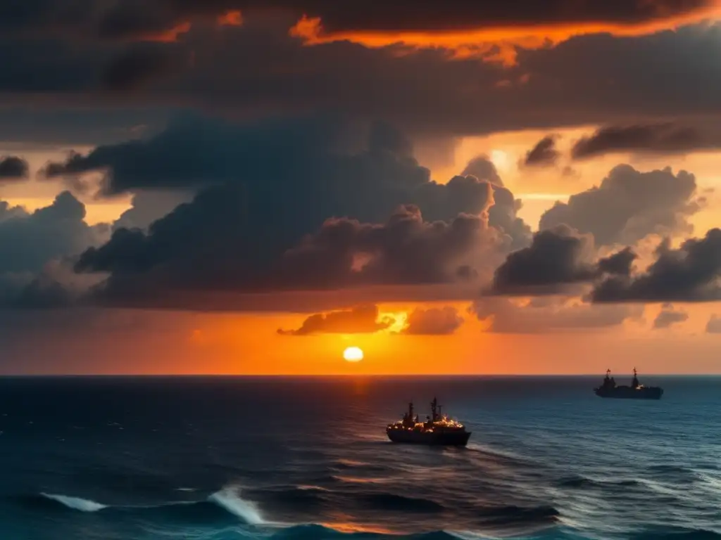 A breathtaking aerial view of the ocean with a tropical storm brewing in the distance, as the sun sets and casts a warm orange glow