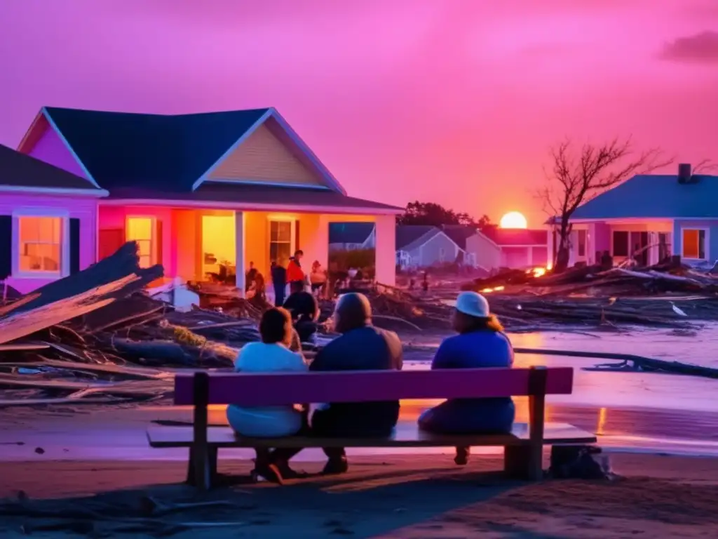 Resilient individuals gathered at sunset in a small coastal town, sharing stories and hope, surrounded by the devastation of a recent hurricane