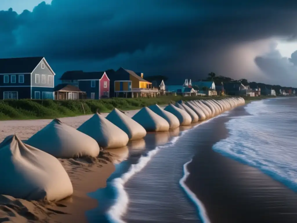 A captivating image of a Coalition village, standing strong against a hurricane's onslaught, with sandbags strategically placed around key structures