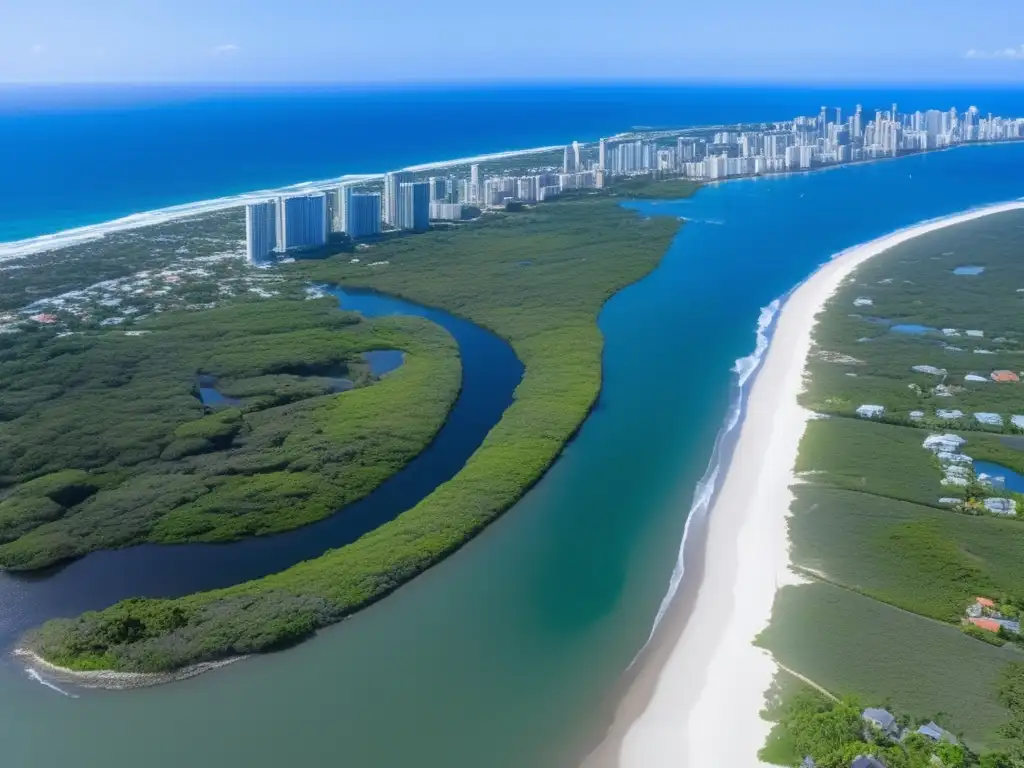 The image captures a lush coastal cityscape, with green trees and shrubs lining the coastline