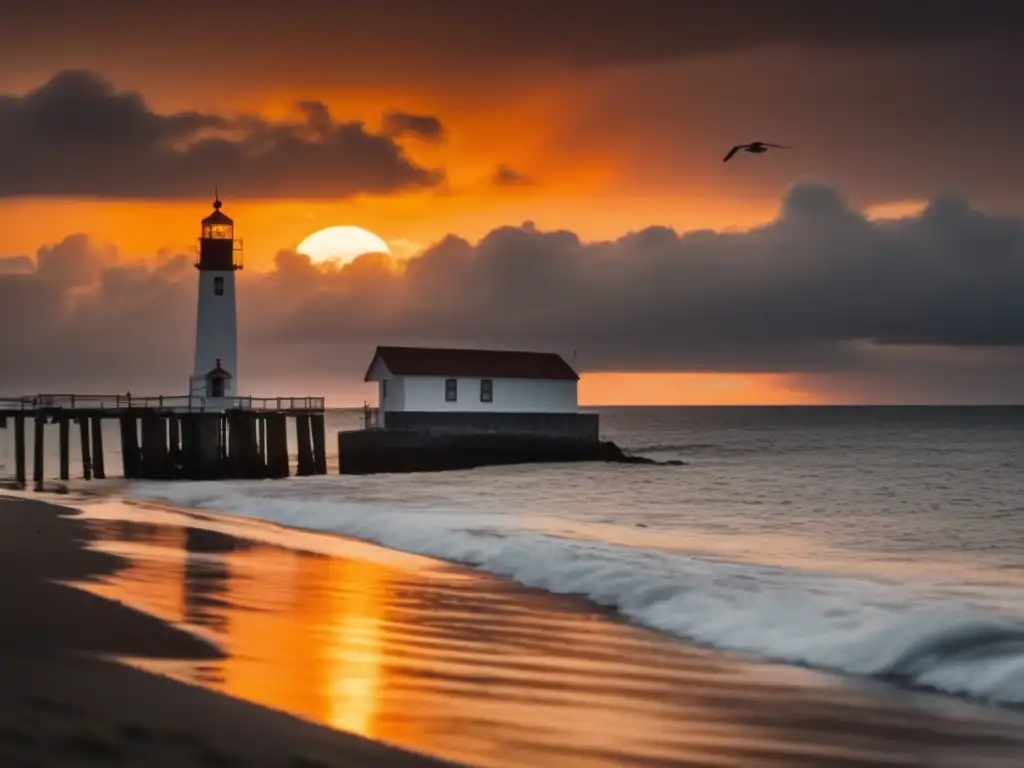 Discover the warmth of a small beach town bracing for a storm: A cinematic photographer captures the beauty of a peaceful sunset over the calm ocean