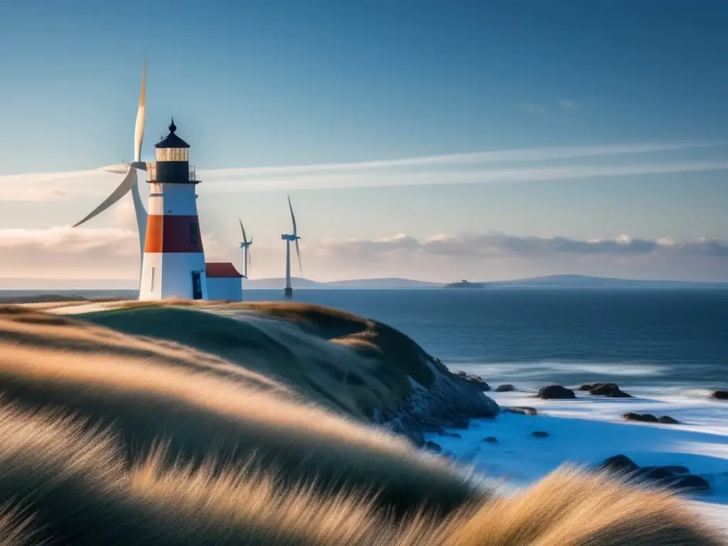 A peaceful coastal view with towering wind turbines casting shadows on a lighthouse, reminding us of the unstoppable force of nature