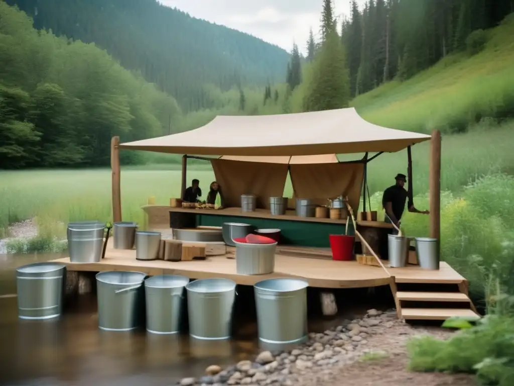 Collapsible buckets in use, a practical and versatile tool for constructing a wooden stage in a beautiful outdoor setting