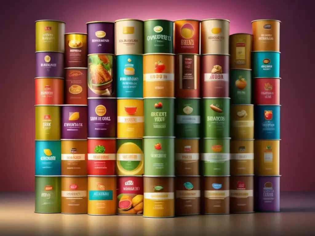 A stunning display of colorful non-perishable food packs, perfectly arranged and lit, exuding a sense of sophistication and composure