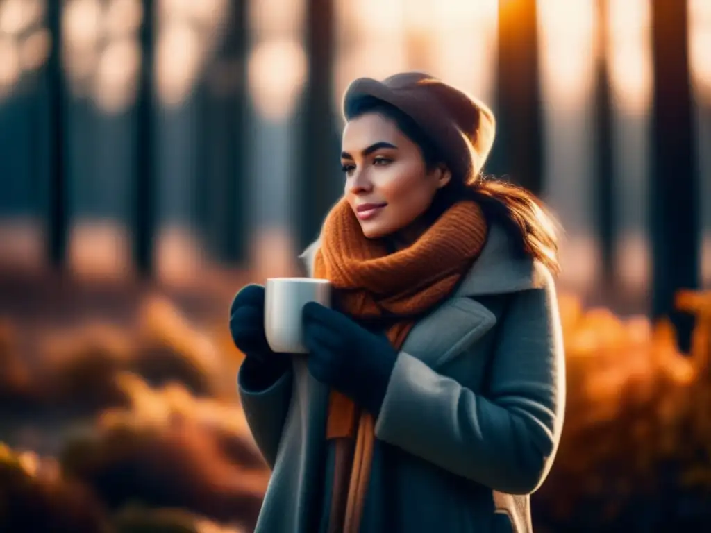 A woman stands comfortably in front of a peaceful forest landscape, sipping a hot beverage and holding a cozy body warmer in her gloved hands