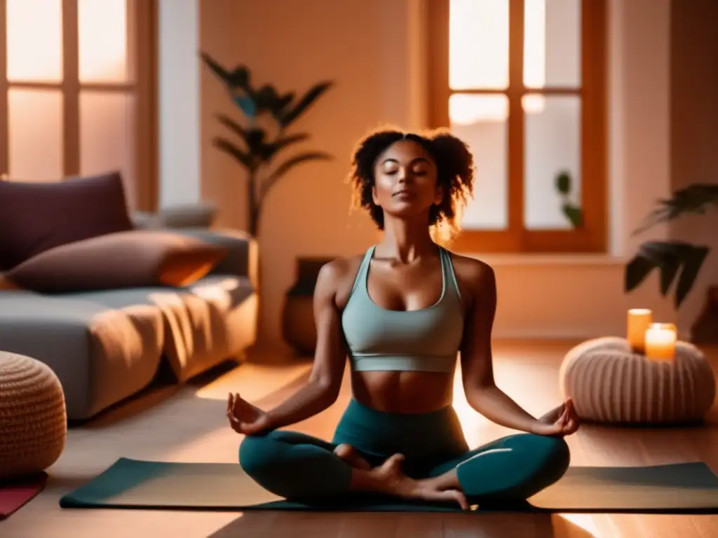 A woman in a comfy yoga outfit stretches out in her cozy living room, surrounded by cushions and blankets