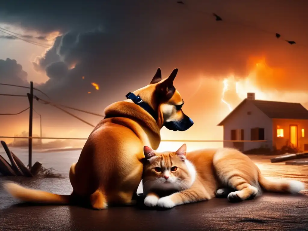 A powerful storm rages outside, but inside, a dog and cat share a heartwarming embrace