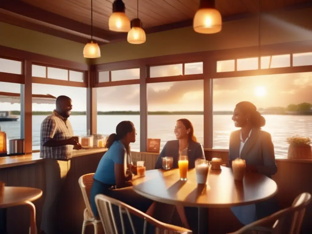 A heartwarming scene of unity: Friends and colleagues gather in a cozy waterfront cafe, basking in the sun's warm glow