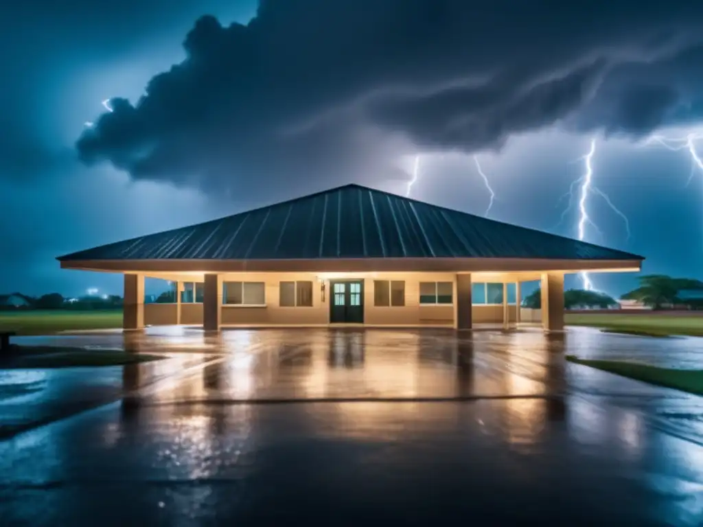 Dash-A community center stands strong amidst a hurricane, its roof battered by rain and lightning, while the surrounding community is ravaged by the elements