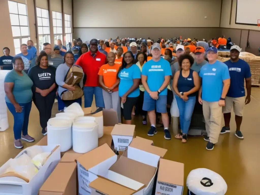 Diverse group of volunteers gathered in community center, united in their mission to help rebuild and restore after hurricane