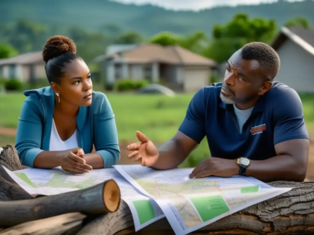 A photo of a man and woman in front of a community map, discussing repairs post-hurricane