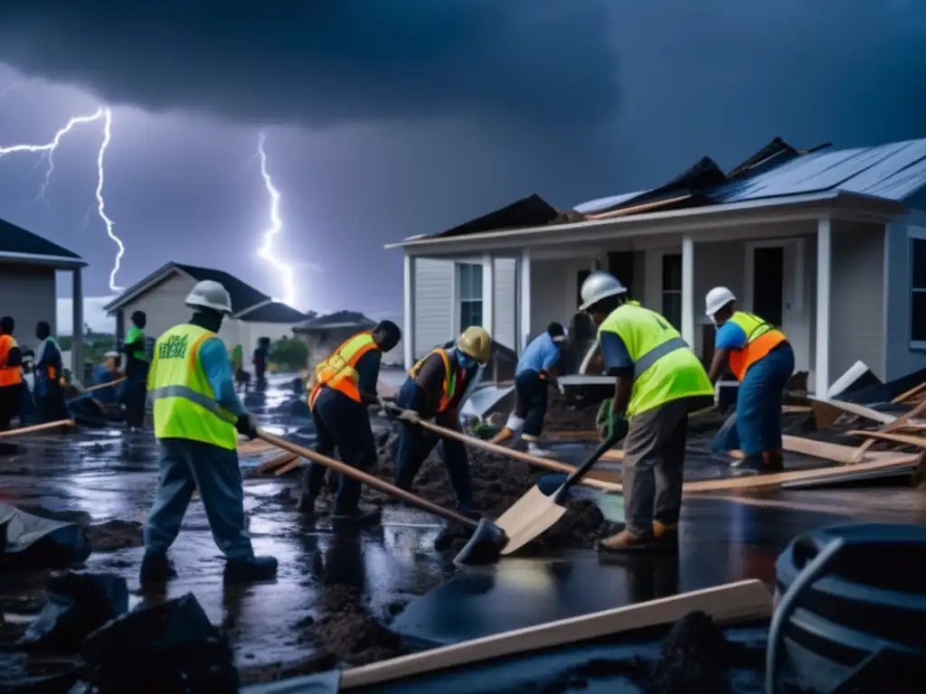 A group of determined individuals hard at work, restoring their community after a devastating hurricane