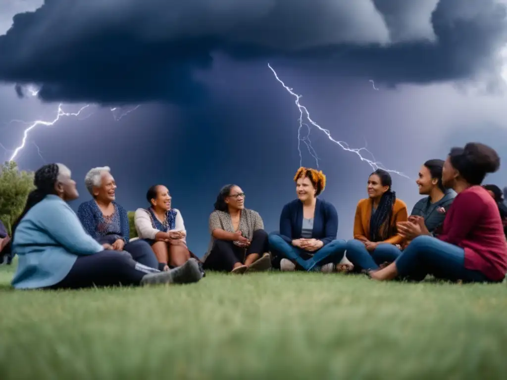 A diverse group of people gathered under a stormy tree, all expressing curiosity and interest in a community storytelling session