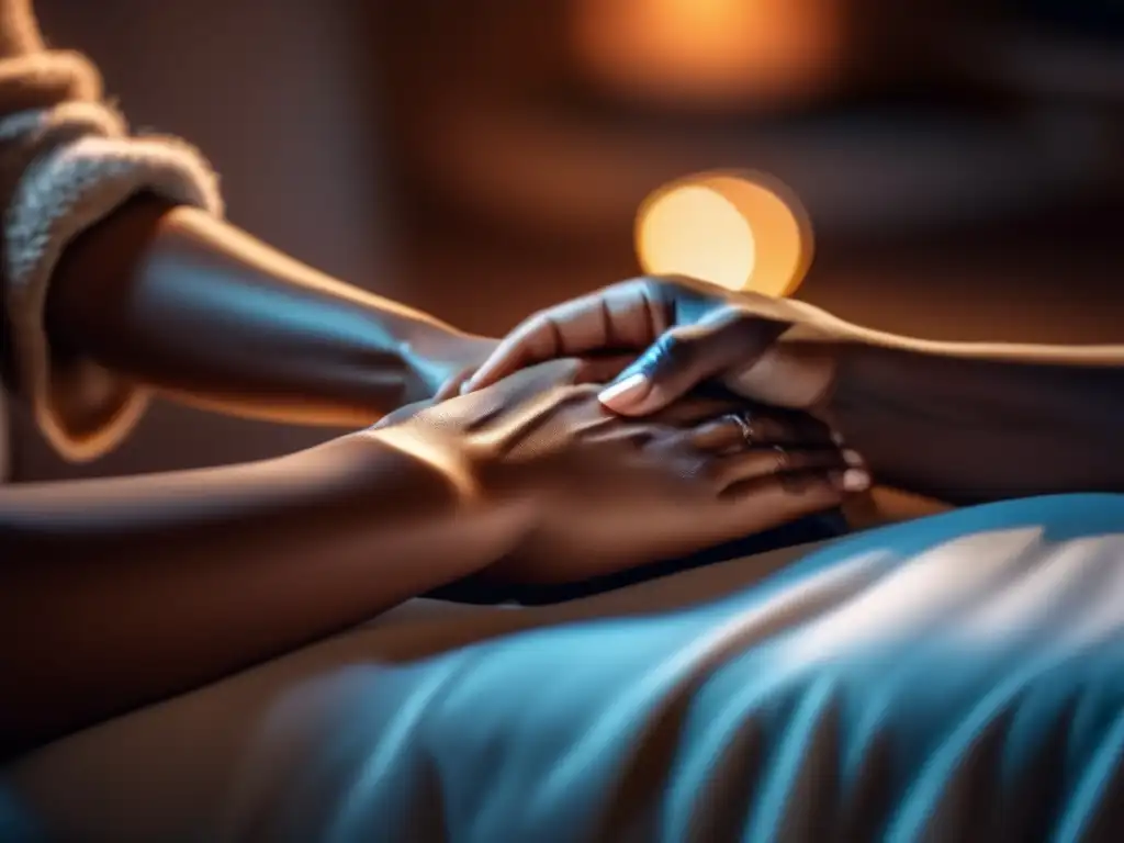 A heartwarming closeup of a woman's hand gently massaging someone else's