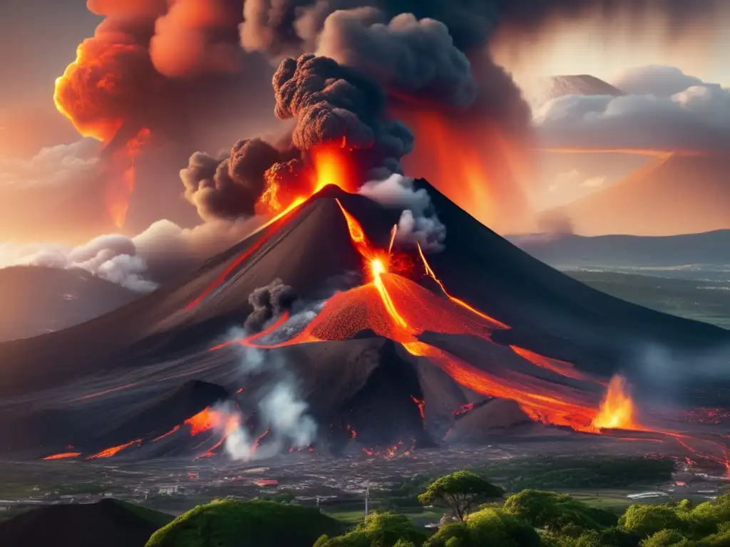 A dramatic 8k image of a volcano erupting, smoke billowing high, with lava flowing down the mountainside and destruction in its path