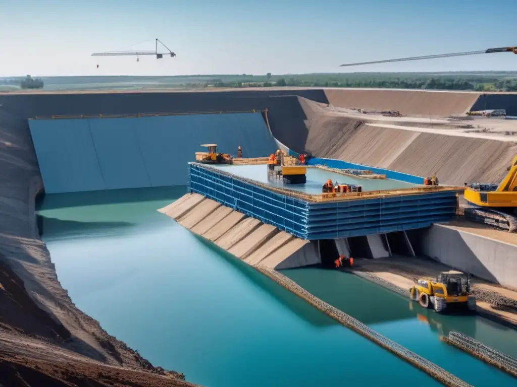 Dive into the depths of this dizzying construction site, where cranes tower above heavy machinery on a stacked concrete foundation