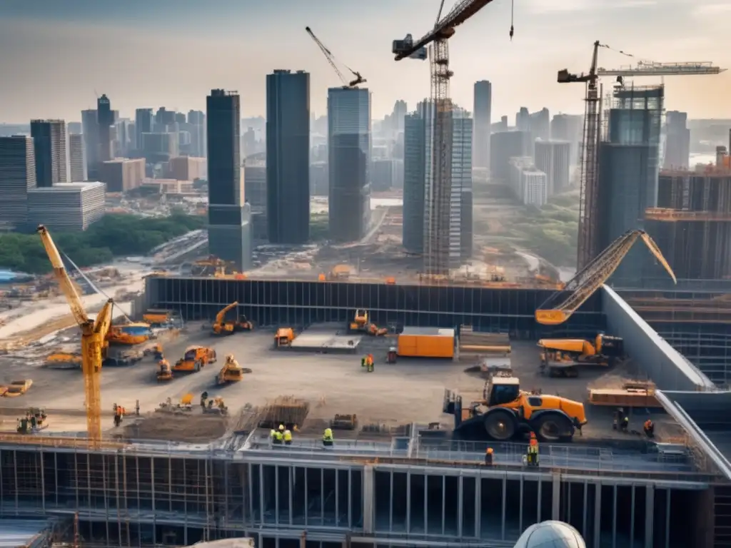 Construction workers toil in the foreground of a bustling city skyline against a backdrop of old and new buildings