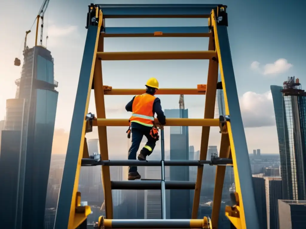 A cinematic styled image captures the urgency and determination of construction workers using a foldable ladder to access a building's roofline