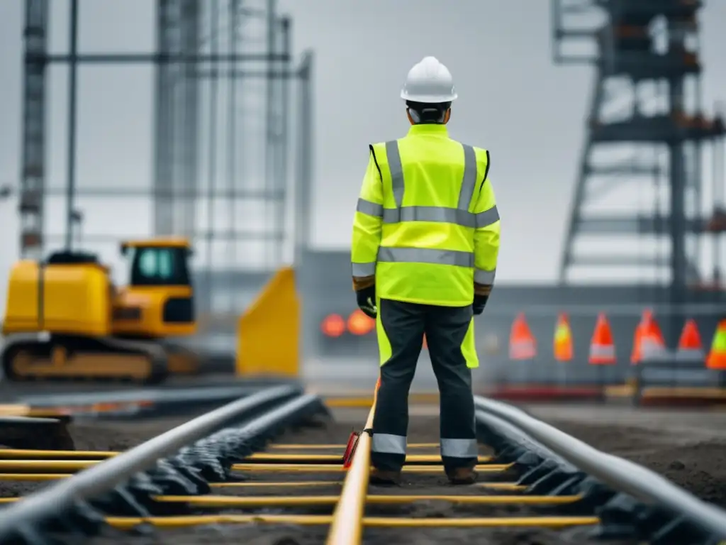 A lone worker stands tall on a busy construction site, wearing a bright yellow highvis safety vest with reflective stripes and logos