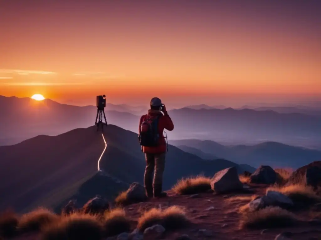 A lone figure, phone in hand, stands on mountain peak, antenna aimed towards sky, contemplative expression