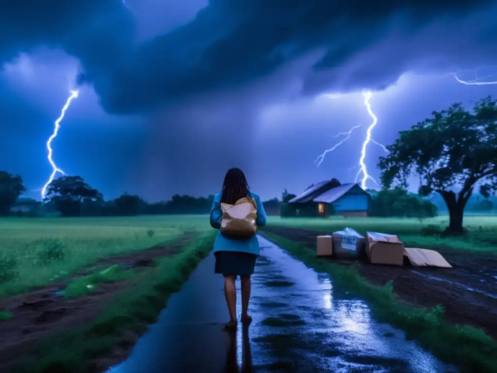 In the face of impending disaster, a concerned woman prepares for the storm with nonperishable food packs clutched tightly