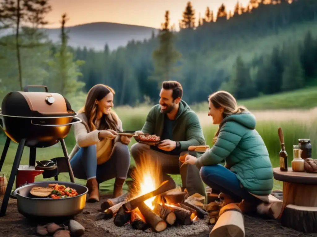 A campfire grill lights up the night among a cozy forest dining scene, with loved ones coming together to enjoy mealtime in the warm glow