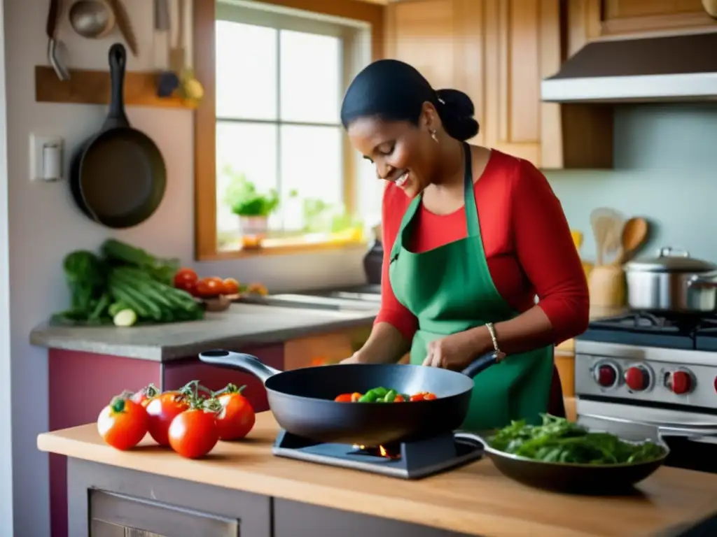 A woman cooks up a colorful meal on a cast iron stove in a dimly lit kitchen amidst a power outage