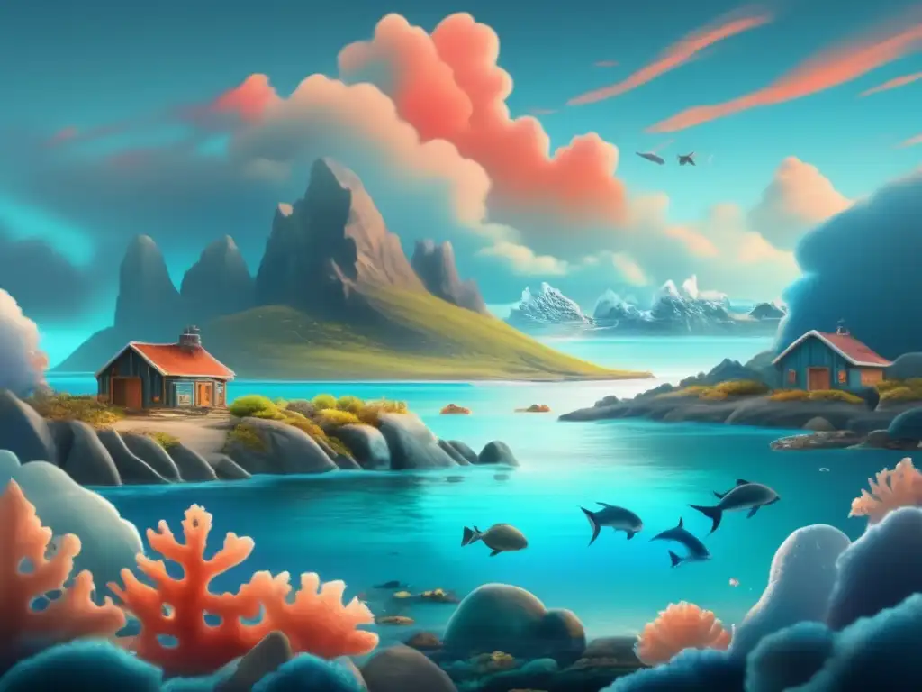 Vibrant coral reef with abundant marine life and Inuit village on a rocky shore, captured in a cinematic style with towering hurricane clouds