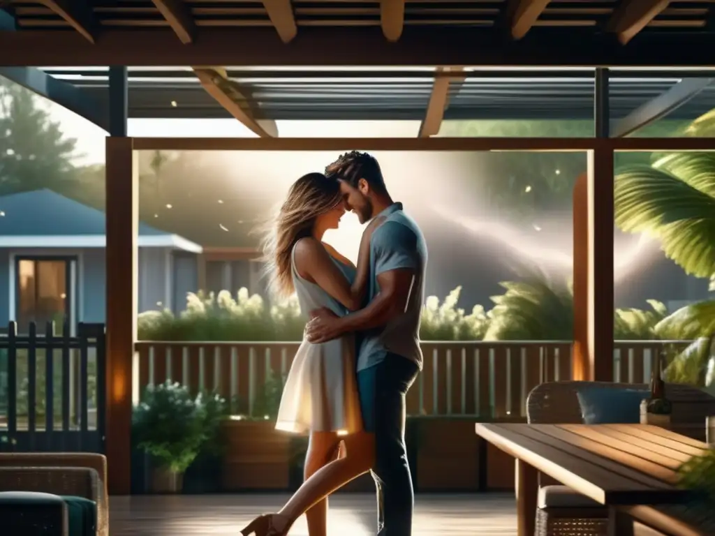 A young couple clings to each other under a covered patio, seeking comfort as strong winds whip through the trees and chaos ensues