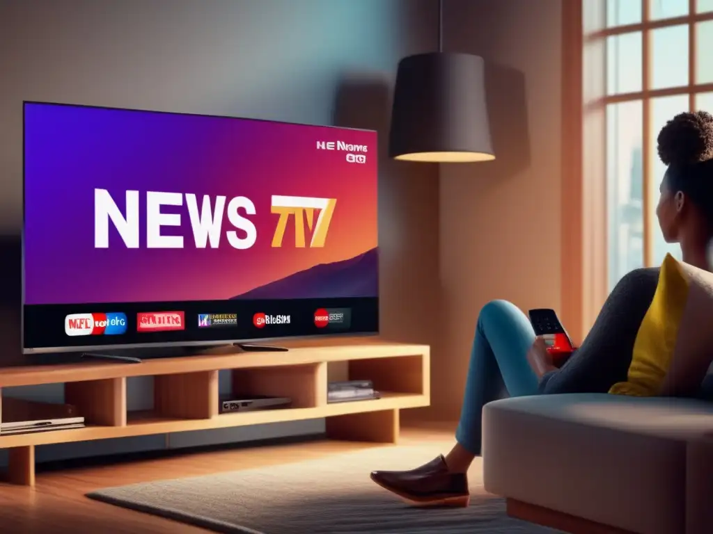 Cozy corners of a living room, with a sleek, black TV on a wooden stand playing a vibrant news channel