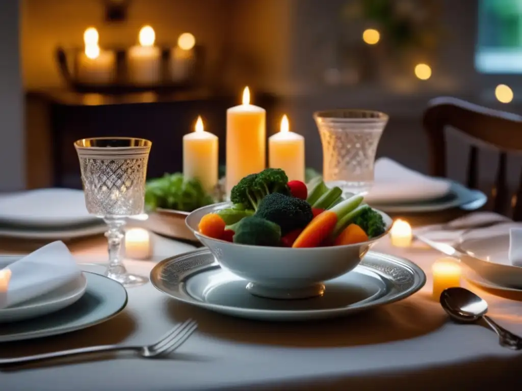 A low-angle view of a cozy dinner table set with fine china, silverware, and crystal glasses