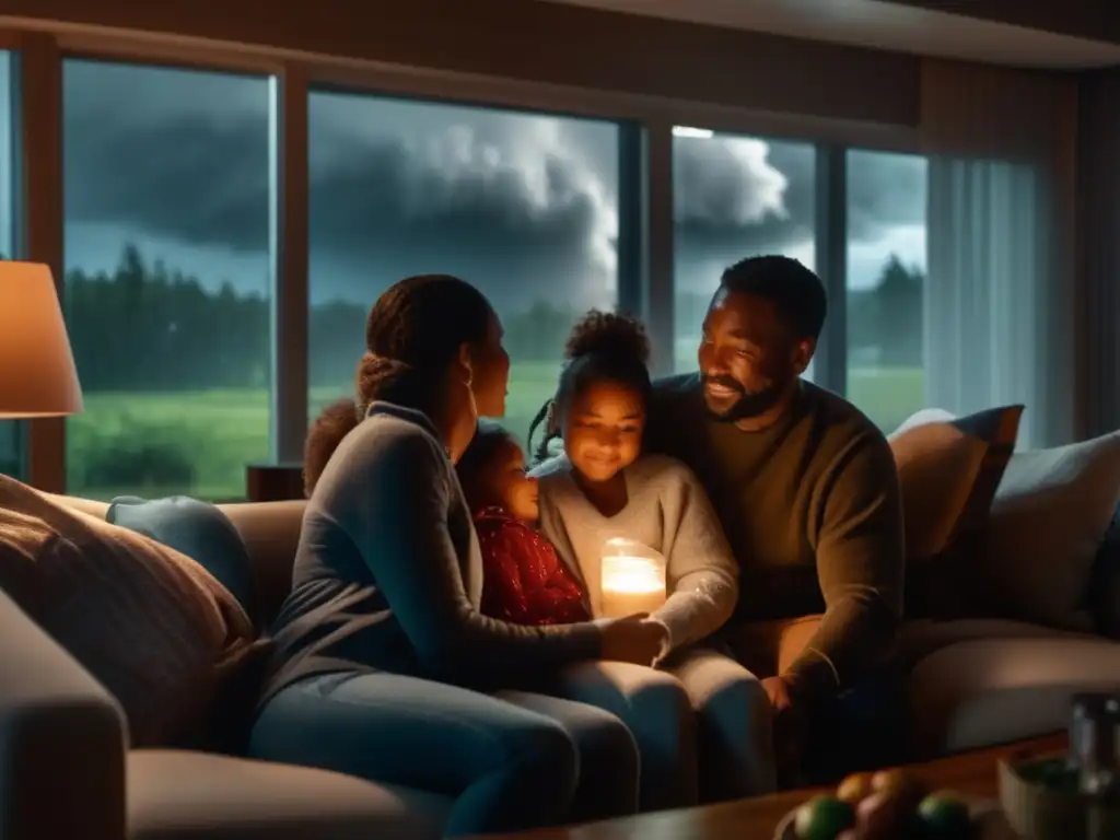 A heartwarming cinematic shot of a family huddled together during a hurricane in their cozy living room