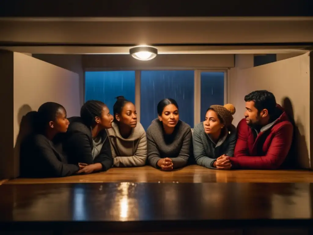 A group of people huddled together for warmth and shelter in a small, cozy apartment during a storm