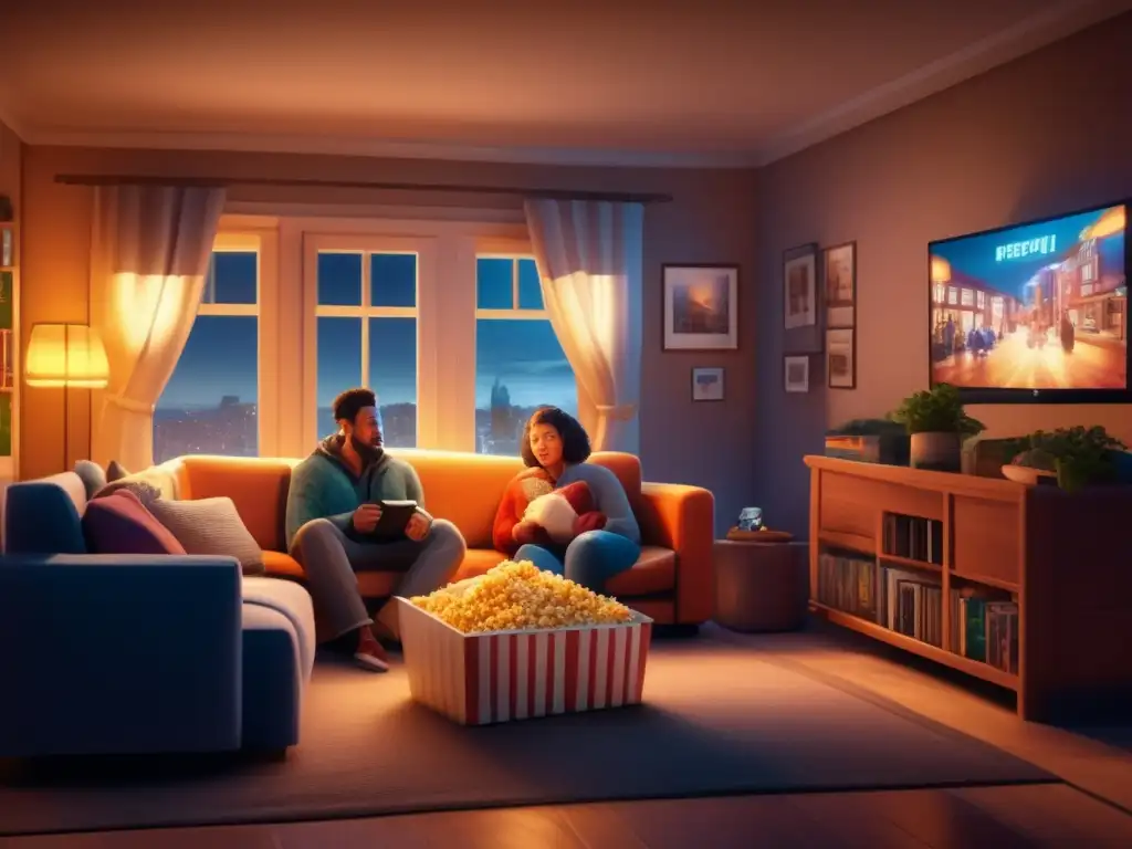 A cozy living room, dimly lit with popcorn bowls and video games spread out on the sofa