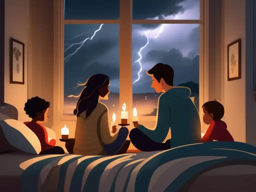 A family unites in a cozy room, bedecked with blankets and candles, looking out towards a raging storm through a large bay window