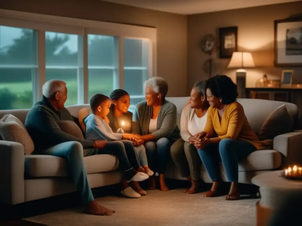 A multigenerational household unites during a hurricane, holding hands for strength and protection