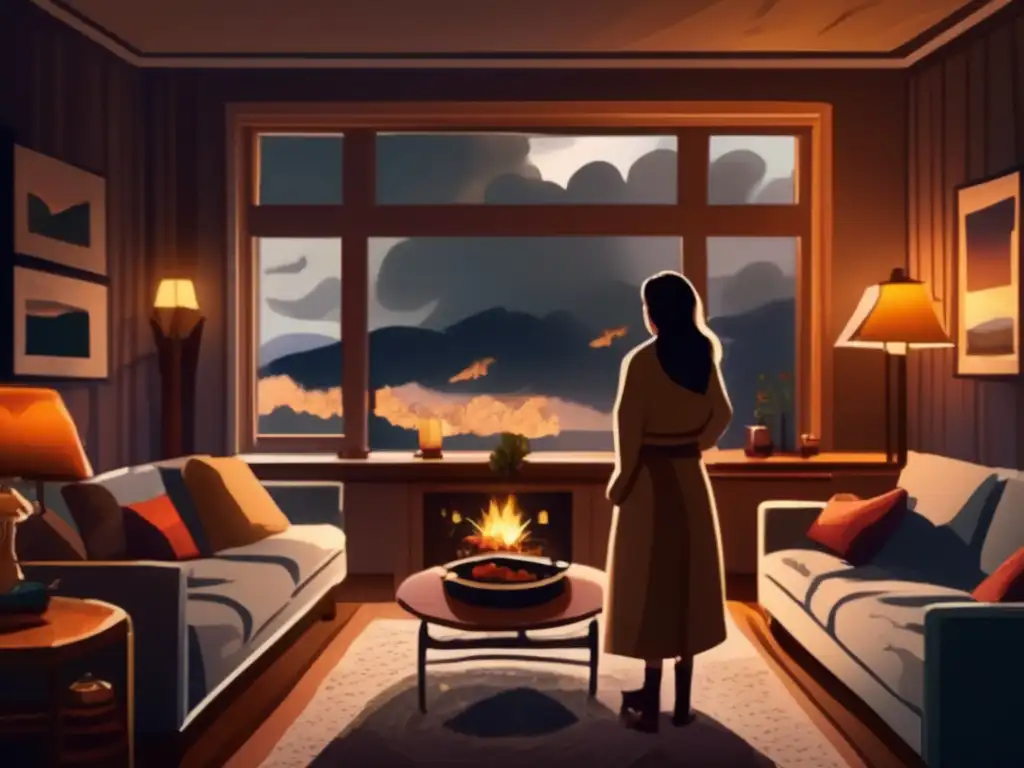 A woman in a cozy living room, gazing out at a stormy sky