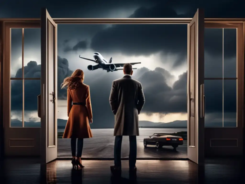 A man and woman nervously stand in front of a weathered door, their faces reflecting worry and tension as a distant plane flies overhead through the ominous storm clouds, hinting at the destruction sure to come