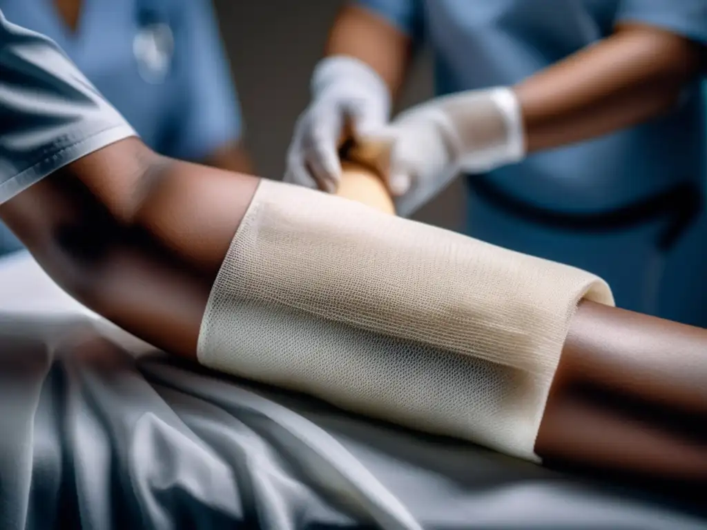 A person lying on a hospital bed, their arm neatly wrapped in a crisp and orderly gauze bandage, surrounded by medical professionals