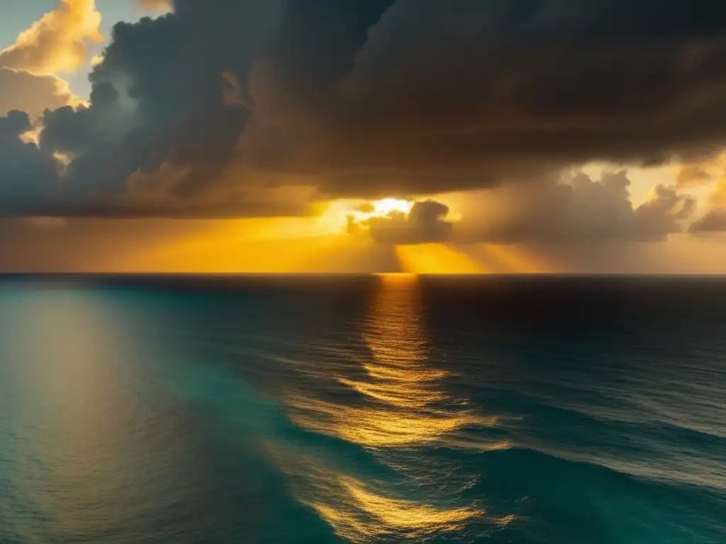 An aerial shot of the Caribbean Sea, with a looming dark cloud on the horizon casting ominous shadows over the ocean