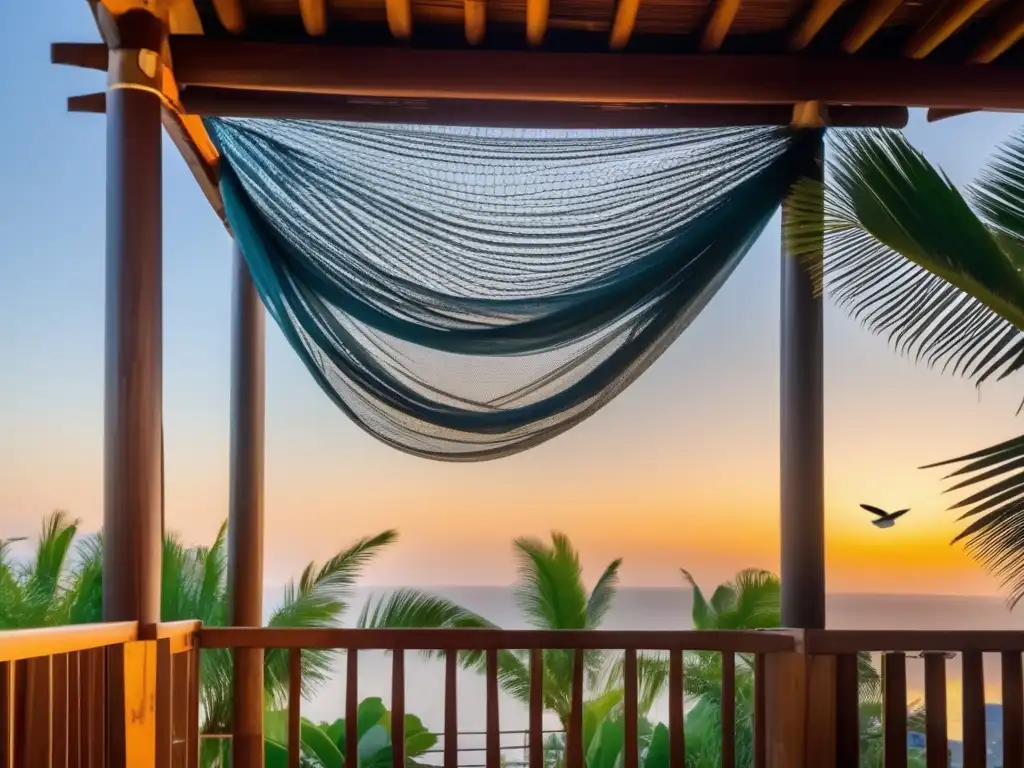 Curtain mosquito nets sway gently, filtering warm sunlight through white flowers, as birds chirp peacefully in golden hour