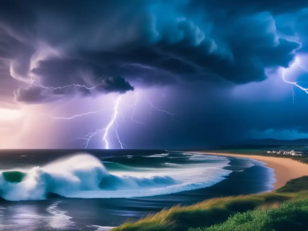 An awe-inspiring image of an extratropical cyclone, its swirling winds tearing through buildings and trees, leaving a trail of destruction in its wake