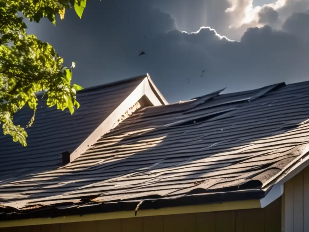 Dashing through the storm, the roof's dark cracks stand out in the sun's high contrast, a tall tale of nature's might