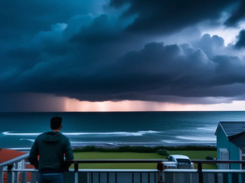 A person stands on a balcony, watching a brewing storm on the horizon, surrounded by a gloomy sky and rumbling thunder