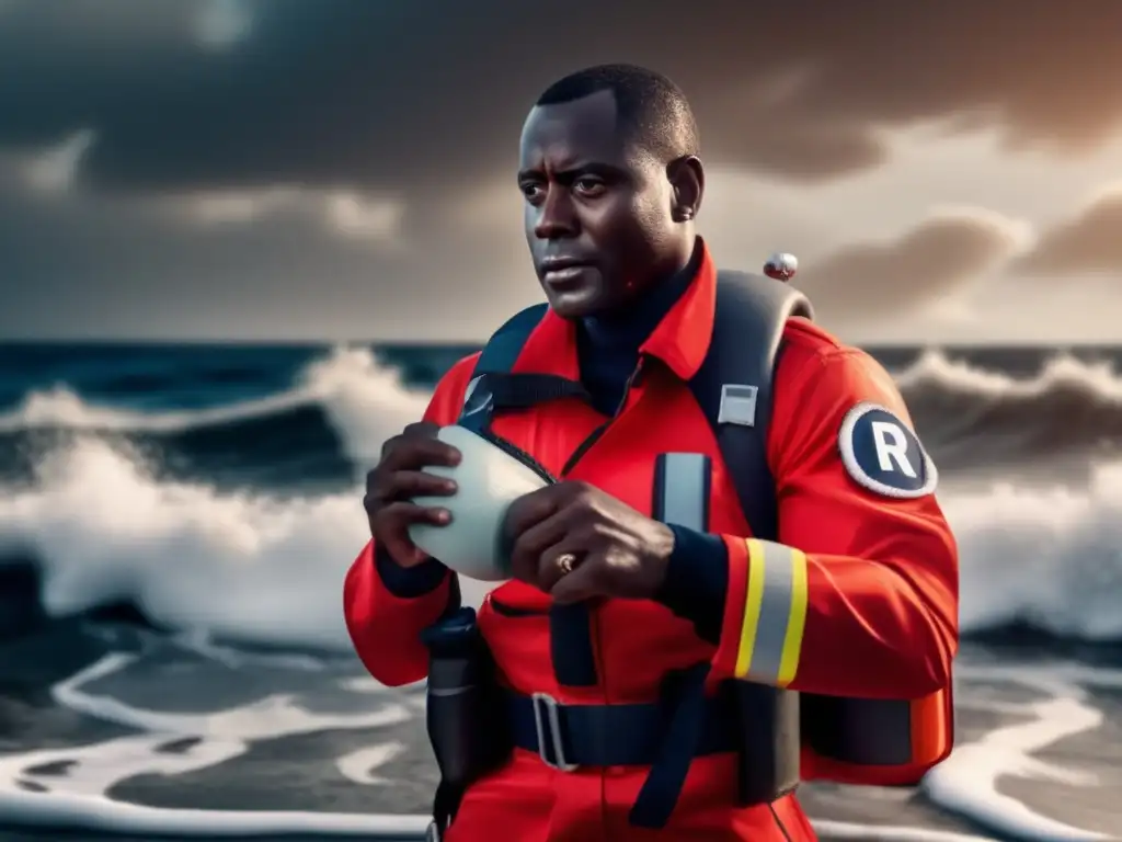 A darkskinned man in a sea rescue uniform closely holds a red 'R' emblazoned throw bag amidst dangerous waves