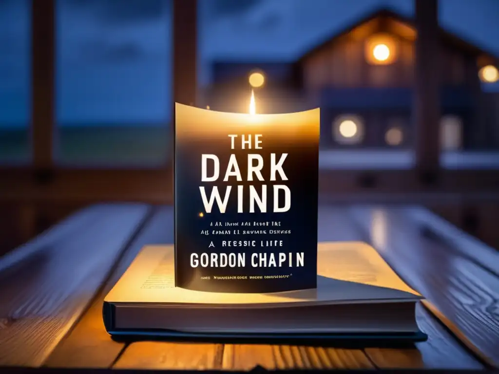 A mysterious and captivating image of the book 'Dark Wind: A Survivor's Tale Of Love And Loss By Gordon Chaplin' illuminated by a candle on a rustic wooden table, with intricate wood paneling and a stormy night sky in the background